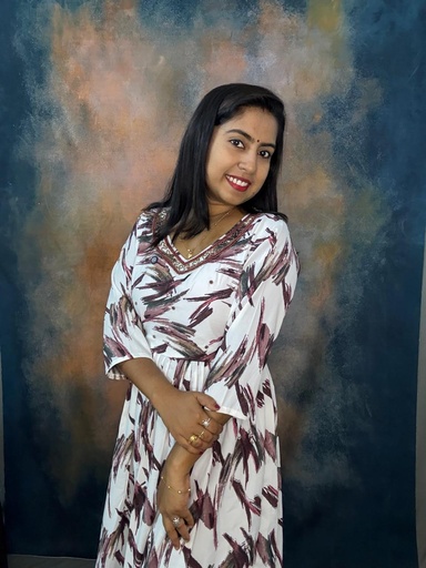 White & Coffee Printed Heavy Beeds Work Frock