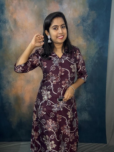 Dark Wine Vatican Silk Collar Neck Floral Printed Aline With Front Slit Coordset