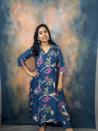 Teal Blue Vatican Silk Collar Neck Floral Printed Aline Coordset