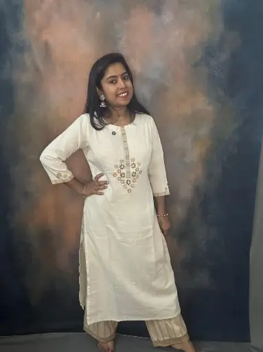 Anvita Off White Floral Embroidery Slit Kurti With Skin Color Strips Pattern Lace Work Palazzo