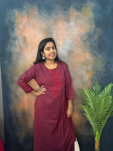 Beetroot Color Mixed Cotton Maroon Thread Work Slit Kurti 