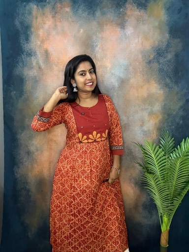 Anvita Rust Color Front Pleats With Applique Work 6 Panelcut Aline Slit Kurti