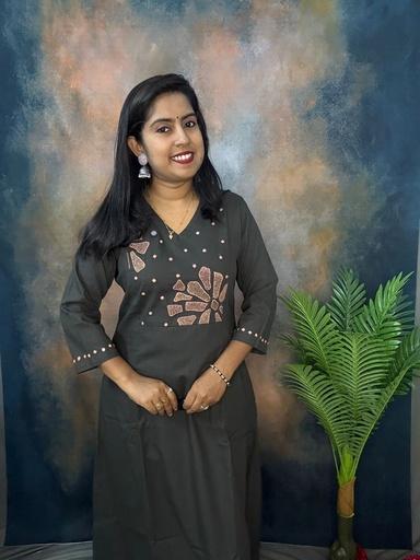 Anvita Dark Grey With Peach Embroidery & Mirror Work 6 Panel Aline Slit Kurti