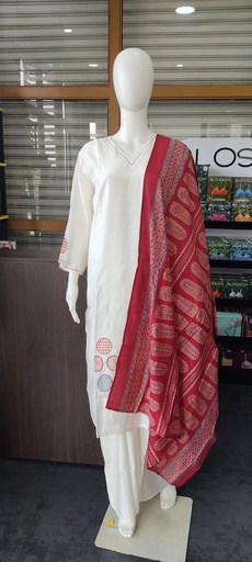 White & Red Semi Modal V Neck 3PC Slit Kurti 