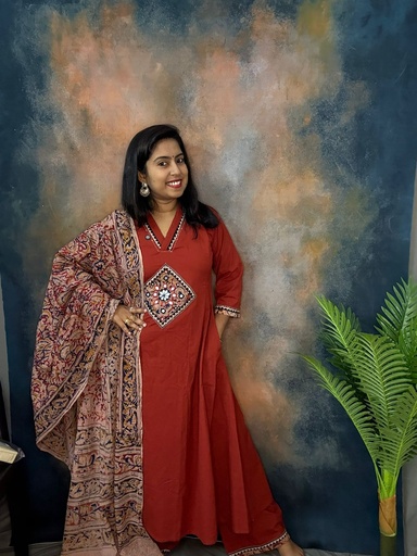 Premium Cotton & Kalamkari with High Neck 3 Panelcut Applequie and Mirror Work Aline Kurti  