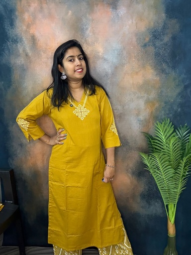 Anvita Mustard Yellow V Neck  Paint Work Slit Kurti With Palazzo With Pocket