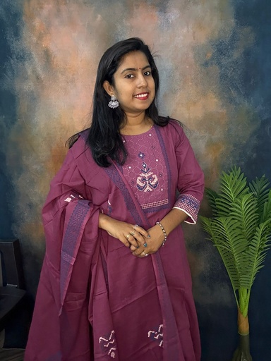 Anaya 3pc Majenta Paint Work Slit Kurti With Pocket