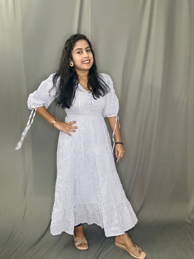  L0154 Cotton Linen Striped & Layered Dress