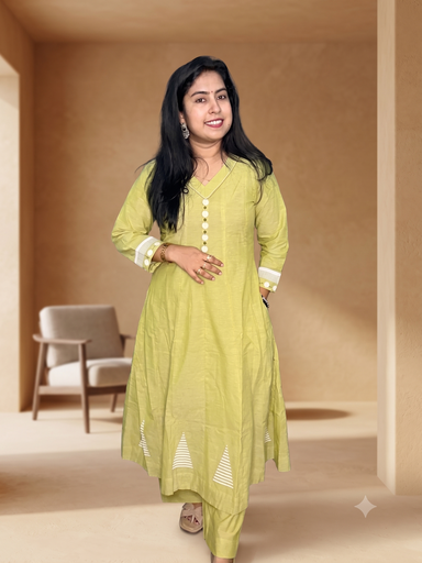 ANV035 Anvita Pista Green Panel Cut Aline 2PC