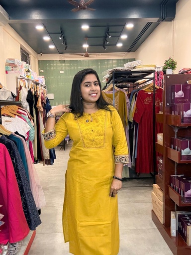 L0224 Anvita Mustard Kalamkari Patch Slit Kurti 
