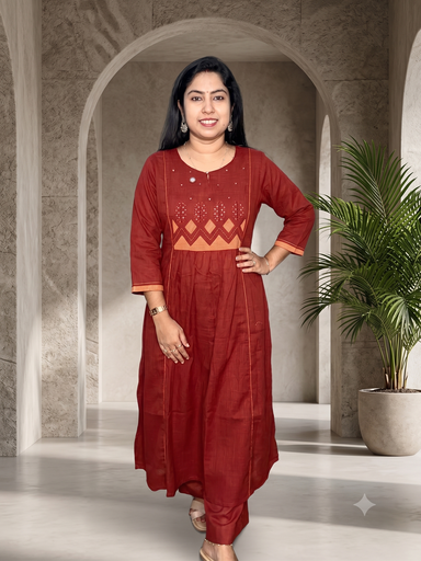 ANV037 Anvita Brown Appleque Work Aline Slit 2PC 