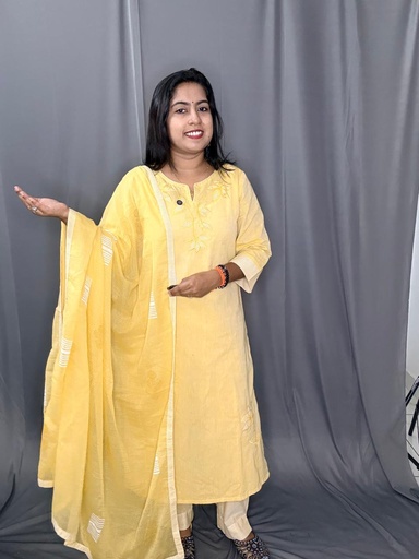L0193 Anaya Yellow Appleque Work Slit 3PC Set
