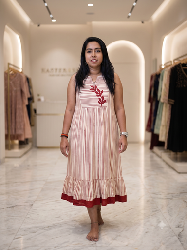 L0194 Anvita Mul-Cotton Beige & Brown Stripe Frock