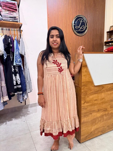 L0194 Anvita Mul-Cotton Beige & Brown Stripe Frock