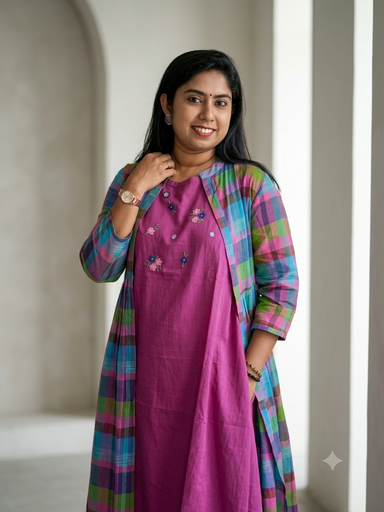 ANV030 Anvita Madras Checks Overcoat Kurti